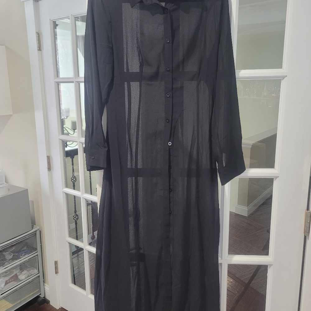 Romwe full length maxi sheer black shirt dress NWT